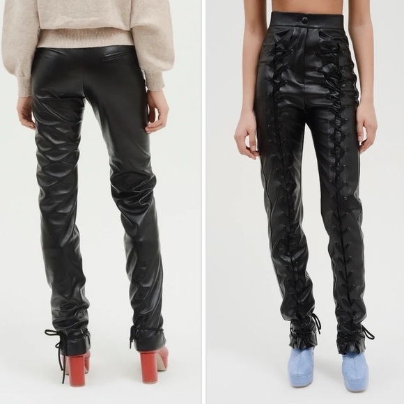 Materiel Pants - Matériel Pants Faux Leather Lace Up Slouchy Sexy Black High Rise 6 Small